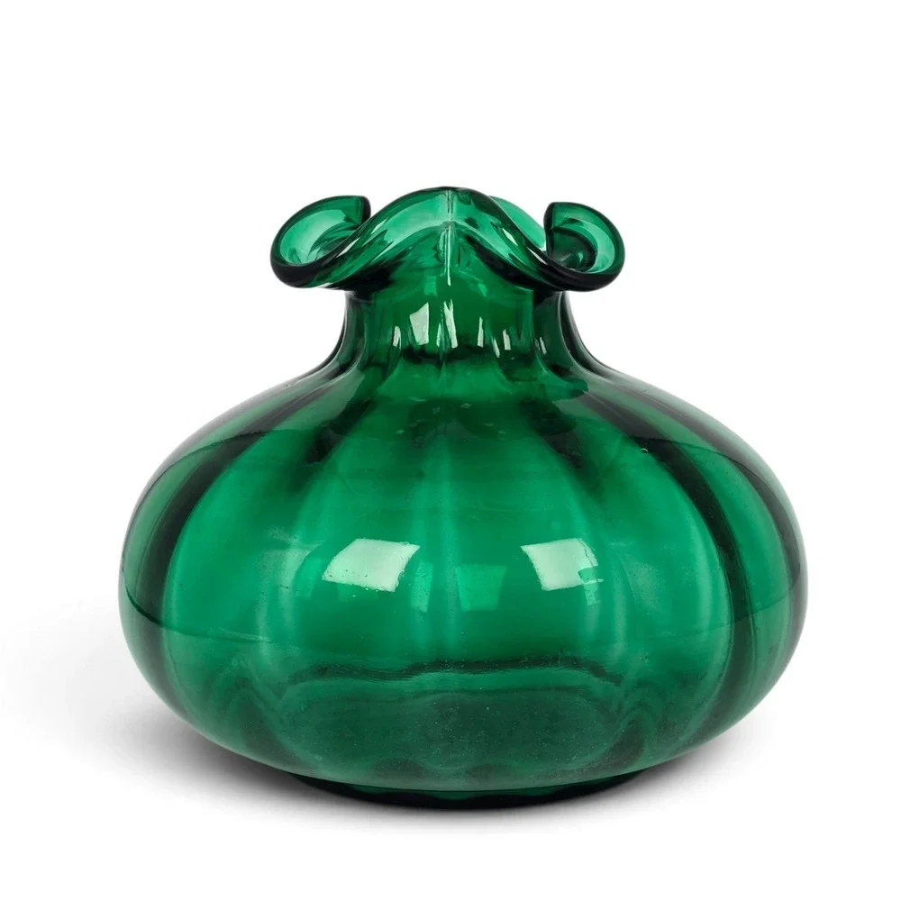 Vintage 1940s Beacon Glass Emerald Green Onion Vase Ruffled Rim Hand Blown